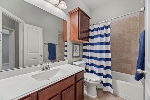 full bathroom featuring tile patterned flooring, shower / tub combo with curtain, toilet, and vanity