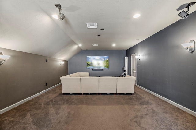 carpeted home theater featuring visible vents, a textured ceiling, baseboards, and vaulted ceiling