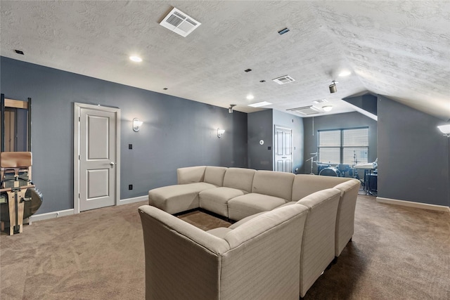 living room featuring visible vents, baseboards, light colored carpet, vaulted ceiling, and a textured ceiling