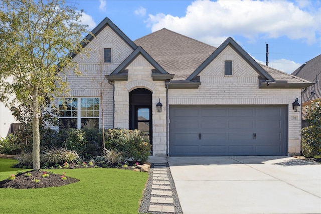 french country home with brick siding, a front lawn, concrete driveway, roof with shingles, and an attached garage