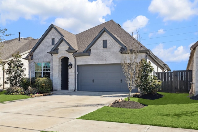 french country style house featuring fence, roof with shingles, concrete driveway, a front yard, and brick siding