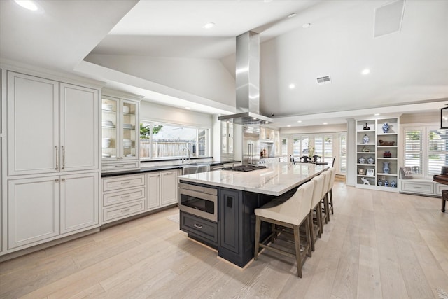 kitchen with ventilation hood, light wood finished floors, glass insert cabinets, and appliances with stainless steel finishes