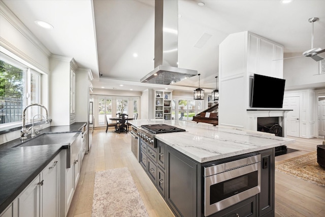 kitchen with light wood-style flooring, island exhaust hood, a sink, stainless steel appliances, and white cabinets