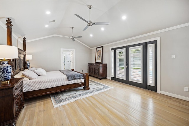 bedroom featuring visible vents, lofted ceiling, access to exterior, and crown molding