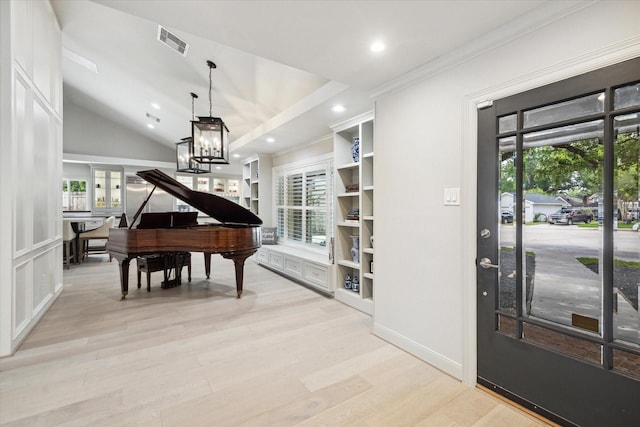 sitting room featuring light wood-type flooring, visible vents, recessed lighting, an inviting chandelier, and vaulted ceiling