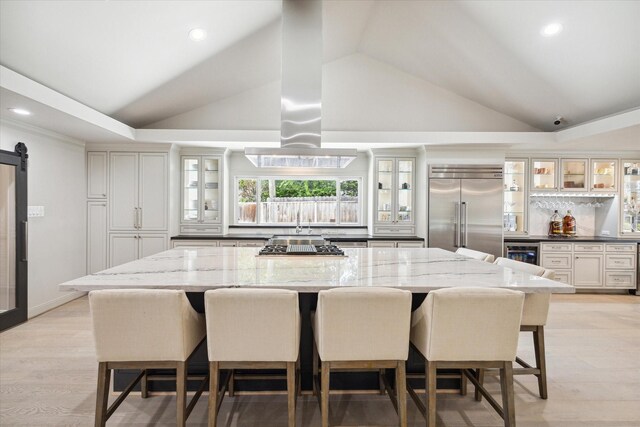 kitchen with glass insert cabinets, stainless steel built in refrigerator, a barn door, island range hood, and a large island