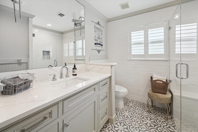 full bath featuring toilet, visible vents, and a stall shower