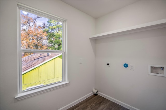 laundry area featuring dark wood-style floors, baseboards, hookup for an electric dryer, laundry area, and washer hookup