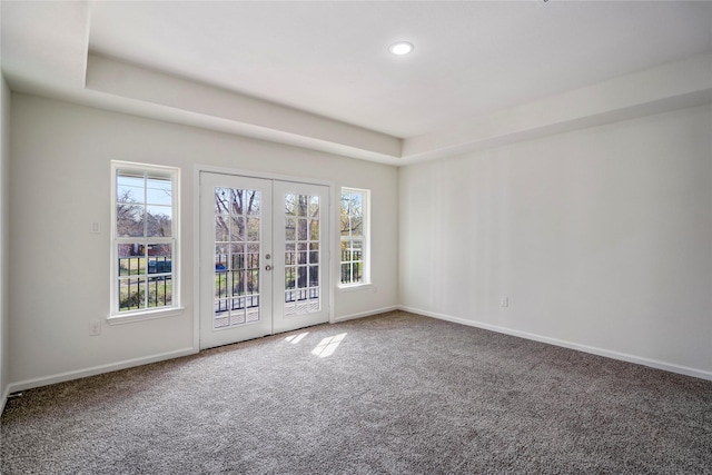 carpeted empty room featuring a wealth of natural light, french doors, and baseboards