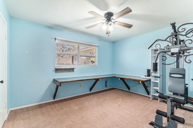 19331 E Lakeshore Dr, Magnolia, TX 77355 - exercise area featuring carpet flooring, ceiling fan, baseboards, and a textured ceiling