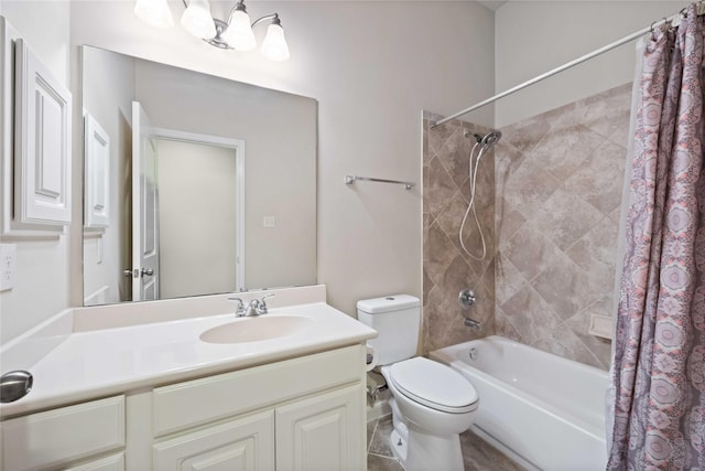 full bath with toilet, an inviting chandelier, shower / bath combo, and vanity