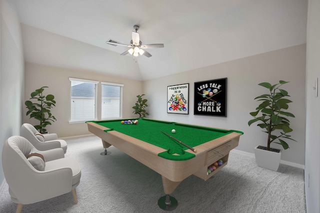 playroom featuring carpet floors, baseboards, ceiling fan, and vaulted ceiling