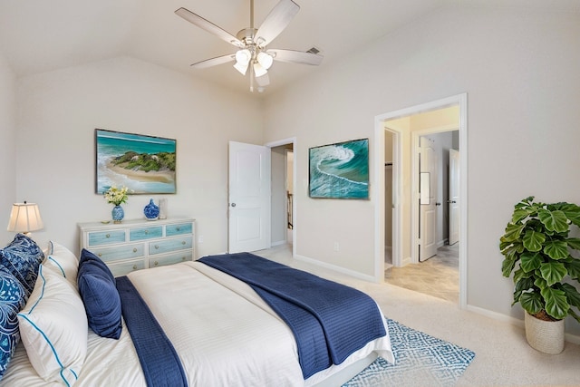 bedroom with light carpet, ceiling fan, baseboards, and vaulted ceiling