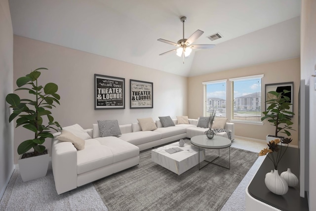 living area featuring a ceiling fan, visible vents, baseboards, vaulted ceiling, and carpet flooring