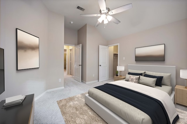 bedroom featuring visible vents, light carpet, a ceiling fan, baseboards, and vaulted ceiling