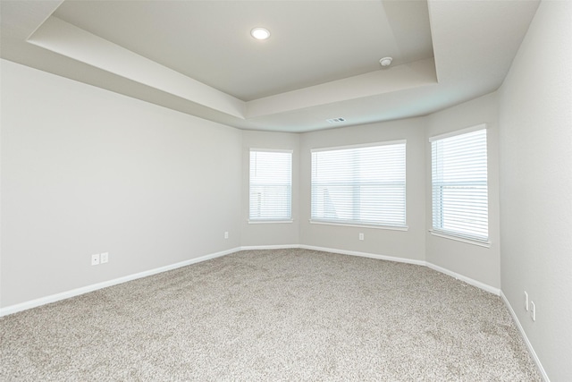 carpeted spare room with a wealth of natural light, baseboards, and a raised ceiling