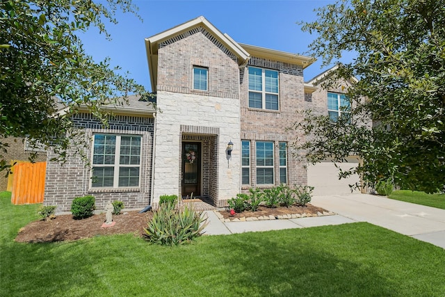 traditional-style house featuring a garage, a front lawn, brick siding, and driveway