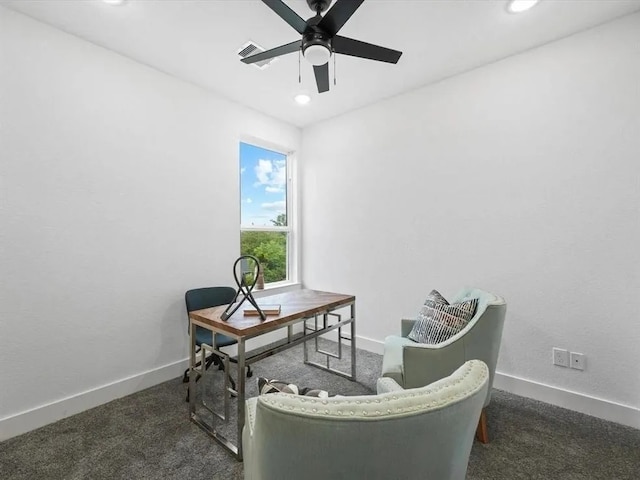 carpeted home office with visible vents, recessed lighting, a ceiling fan, and baseboards