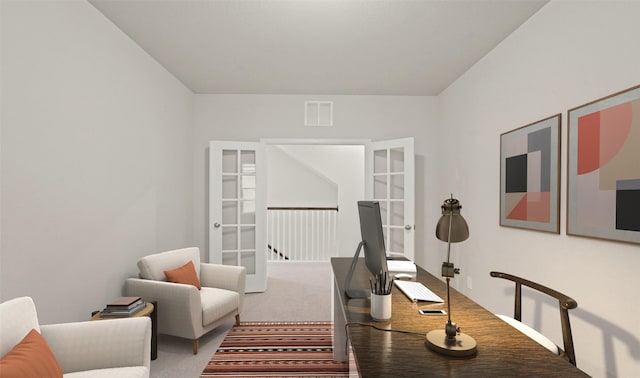 office area featuring french doors, visible vents, and light carpet