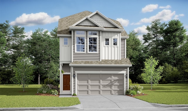 view of front of house featuring a front lawn, board and batten siding, concrete driveway, an attached garage, and a shingled roof