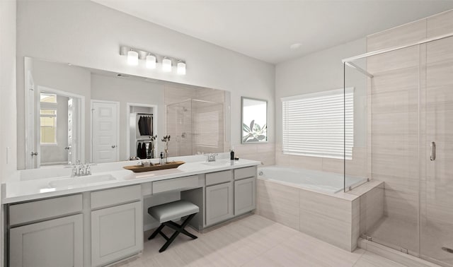 bathroom with a shower stall, a bath, double vanity, and a sink