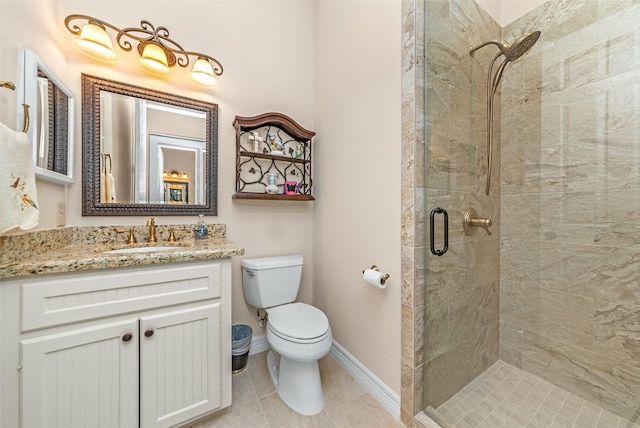 bathroom featuring vanity, a shower stall, toilet, and baseboards