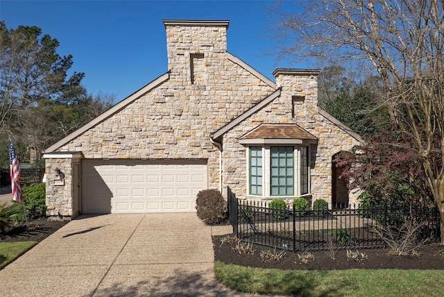 view of front of house featuring stone siding, driveway, a garage, and fence