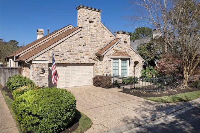 view of front facade featuring fence, driveway, a chimney, a garage, and stone siding