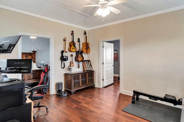 home office with crown molding, baseboards, attic access, wood finished floors, and a ceiling fan