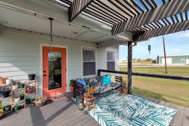 wooden deck with a lawn and a pergola