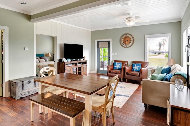 dining space featuring visible vents, plenty of natural light, and dark wood-style flooring