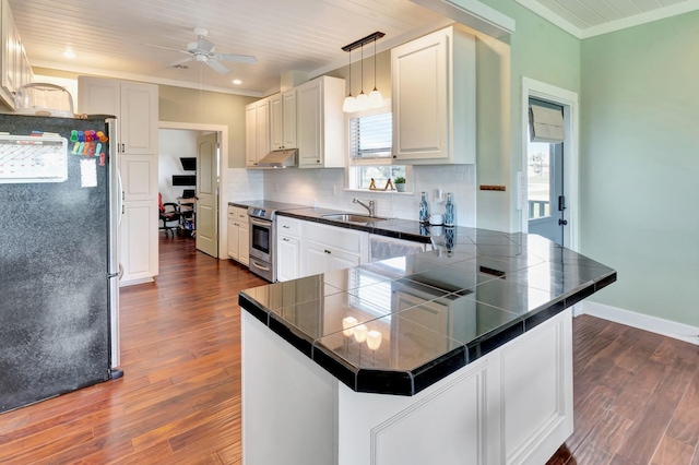 11 Enchanted Ln, Port Alto, TX 77979 - kitchen with appliances with stainless steel finishes, a peninsula, ornamental molding, dark wood-style flooring, and under cabinet range hood