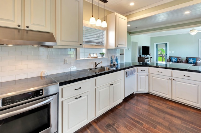 11 Enchanted Ln, Port Alto, TX 77979 - kitchen with stainless steel range with electric stovetop, dishwasher, white cabinetry, tasteful backsplash, and dark wood finished floors