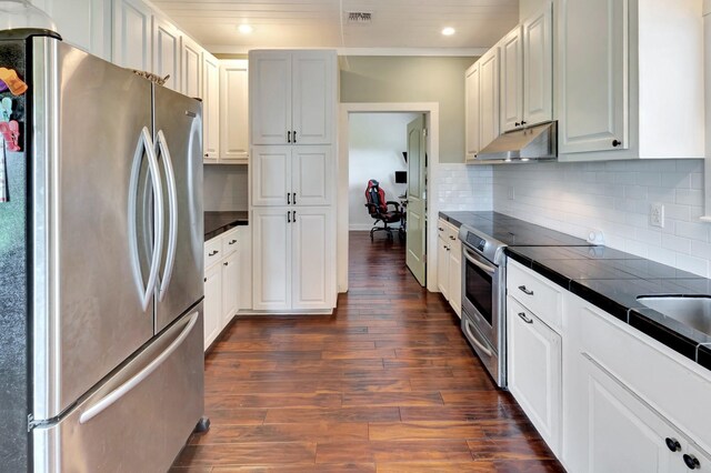 11 Enchanted Ln, Port Alto, TX 77979 - kitchen with stainless steel appliances, under cabinet range hood, tile countertops, dark wood-type flooring, and recessed lighting