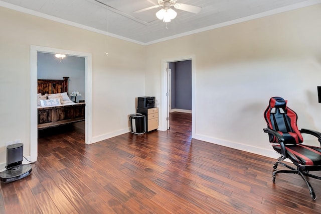 11 Enchanted Ln, Port Alto, TX 77979 - home office featuring a ceiling fan, wood finished floors, and ornamental molding