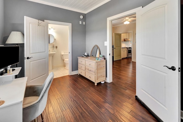 11 Enchanted Ln, Port Alto, TX 77979 - office featuring dark wood-style floors, a ceiling fan, and crown molding