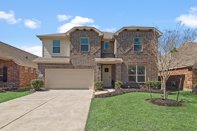 view of front of home featuring a garage, a front yard, concrete driveway, and brick siding