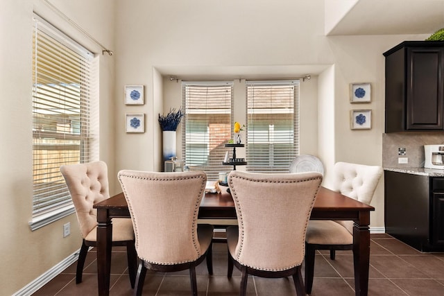 dining area with dark tile patterned flooring, baseboards, and a wealth of natural light