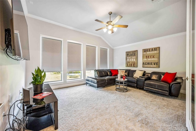 carpeted living area with lofted ceiling, a ceiling fan, visible vents, and ornamental molding