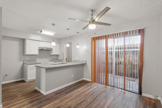 kitchen featuring a sink, a peninsula, white cabinets, and dark wood-style flooring