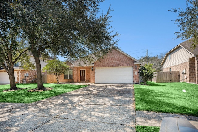 single story home with a garage, fence, brick siding, and driveway