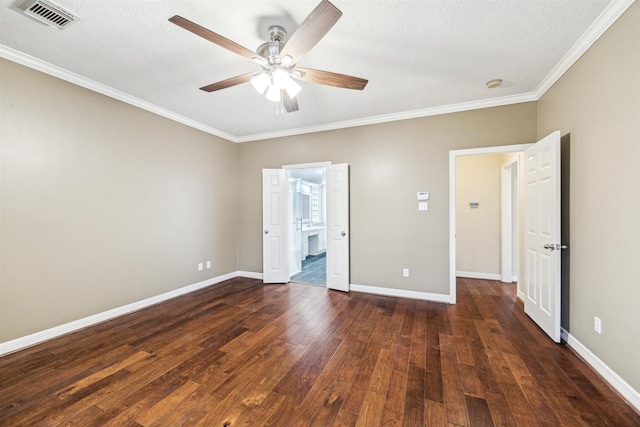 unfurnished bedroom featuring visible vents, baseboards, ornamental molding, a ceiling fan, and dark wood-style flooring