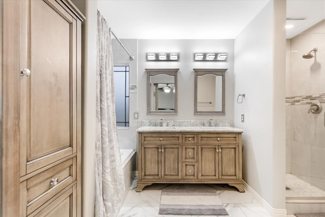 bathroom with a sink, a washtub, marble finish floor, and tiled shower