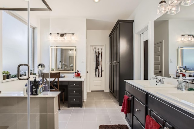 full bath with vanity, tile patterned floors, and a shower with shower door