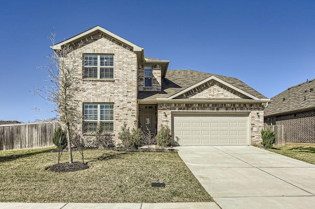 view of front facade with brick siding, a front lawn, fence, a garage, and driveway