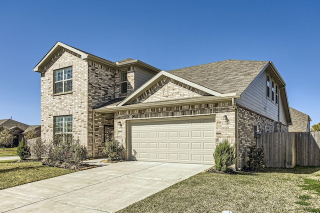 french country style house with fence, an attached garage, concrete driveway, a front lawn, and brick siding