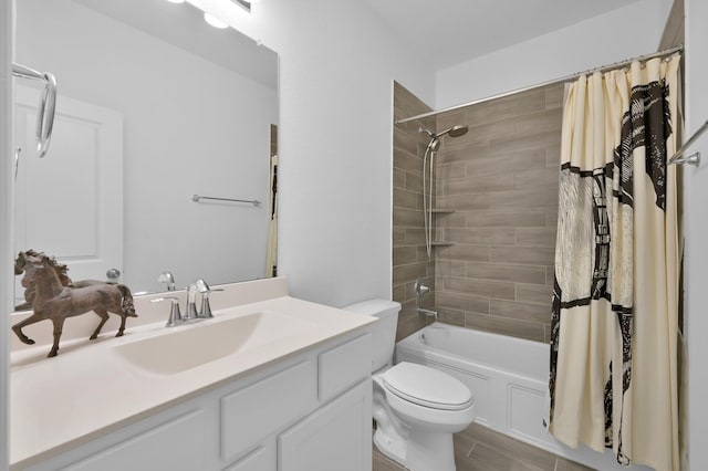 bathroom with vanity, toilet, and shower / tub combo with curtain