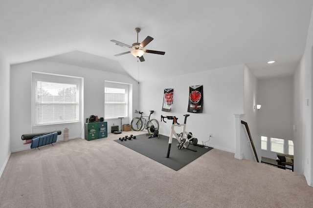 exercise area featuring recessed lighting, carpet, a ceiling fan, and vaulted ceiling