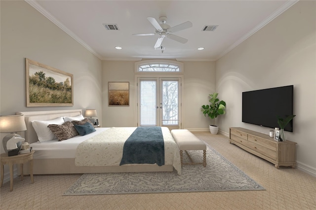 carpeted bedroom featuring crown molding, french doors, visible vents, and baseboards