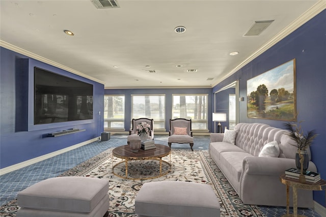 living area with crown molding, carpet, and visible vents